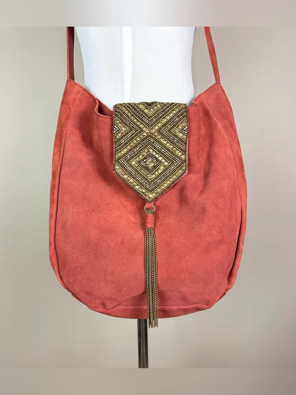 Anthropologie Nadia Suede Beaded Tassel Hobo Crossbody Bag Rust Orange